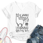 a whole llama learning going on t shirt v neck for women white