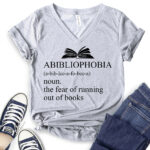 abibliophobia t shirt v neck for women heather light grey