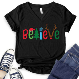 Believe Christmas T-Shirt V-Neck for Women 2