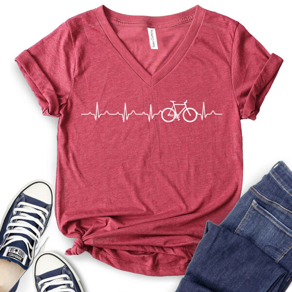 bicycle heartbeat t shirt v neck for women heather cardinal