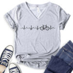 bicycle heartbeat t shirt v neck for women heather light grey