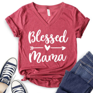 blessed mama t shirt v neck for women heather cardinal