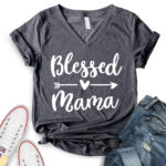 blessed mama t shirt v neck for women heather dark grey