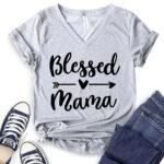 blessed mama t shirt v neck for women heather light grey