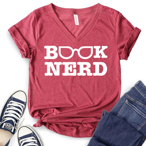 book nerd t shirt v neck for women heather cardinal
