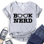 book nerd t shirt v neck for women heather light grey