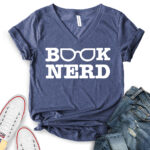 book nerd t shirt v neck for women heather navy