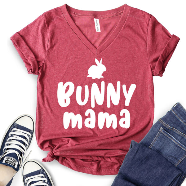 bunny mama t shirt v neck for women heather cardinal