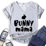 bunny mama t shirt v neck for women heather light grey