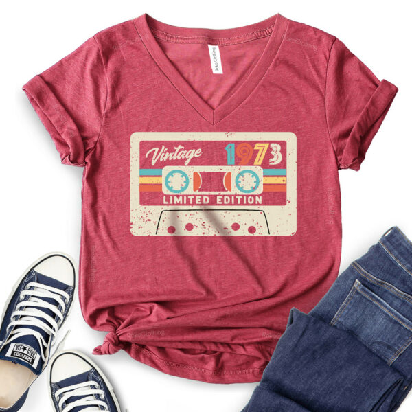 Casette 1973 T-shirt V Neck for Women - 50th Birthday Shirt - heather cardinal