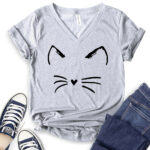 cat kitty t shirt v neck for women heather light grey