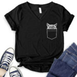 cat pocket t shirt v neck for women black
