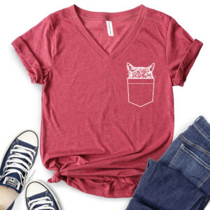 Cat Pocket T-Shirt V-Neck for Women