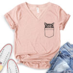 cat pocket t shirt v neck for women heather peach