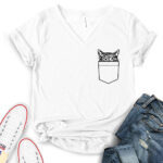 cat pocket t shirt v neck for women white