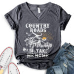 country roads take me home t shirt v neck for women heather dark grey