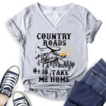country roads take me home t shirt v neck for women heather light grey