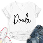 doula t shirt v neck for women white