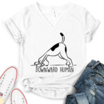 downward human dog yoga t shirt v neck for women white