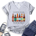 drinkig around the world beer t shirt v neck for women heather light grey