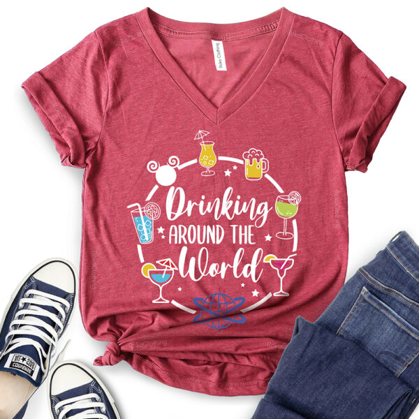 drinking around the world t shirt v neck for women heather cardinal
