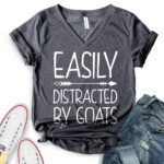 easily distracted by goats t shirt v neck for women heather dark grey