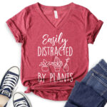 easily distracted by plants t shirt v neck for women heather cardinal