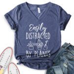 easily distracted by plants t shirt v neck for women heather navy