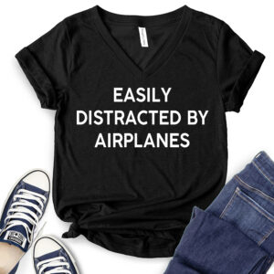 Easly Distracted by Airplanes T-Shirt V-Neck for Women 2