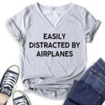 easly distracted by airplanes t shirt v neck for women heather light grey