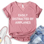 easly distracted by airplanes t shirt v neck for women heather mauve