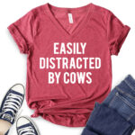 easly distracted by cows t shirt v neck for women heather cardinal