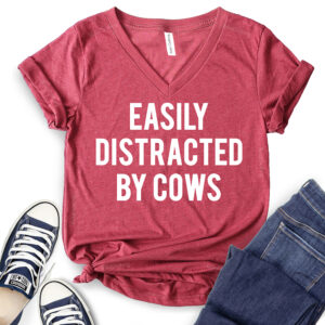 Easly Distracted by Cows T-Shirt V-Neck for Women