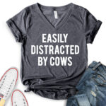 easly distracted by cows t shirt v neck for women heather dark grey