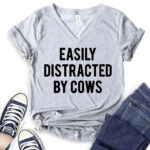 easly distracted by cows t shirt v neck for women heather light grey
