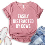 easly distracted by cows t shirt v neck for women heather mauve