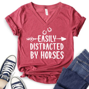 Easly Distracted by Horses T-Shirt V-Neck for Women
