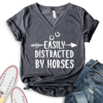 easly distracted by horses t shirt v neck for women heather dark grey