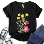 flower botanical t shirt v neck for women black