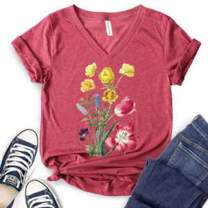 Flower Botanical T-Shirt V-Neck for Women