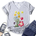 flower botanical t shirt v neck for women heather light grey