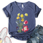 flower botanical t shirt v neck for women heather navy