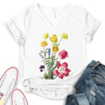 flower botanical t shirt v neck for women white
