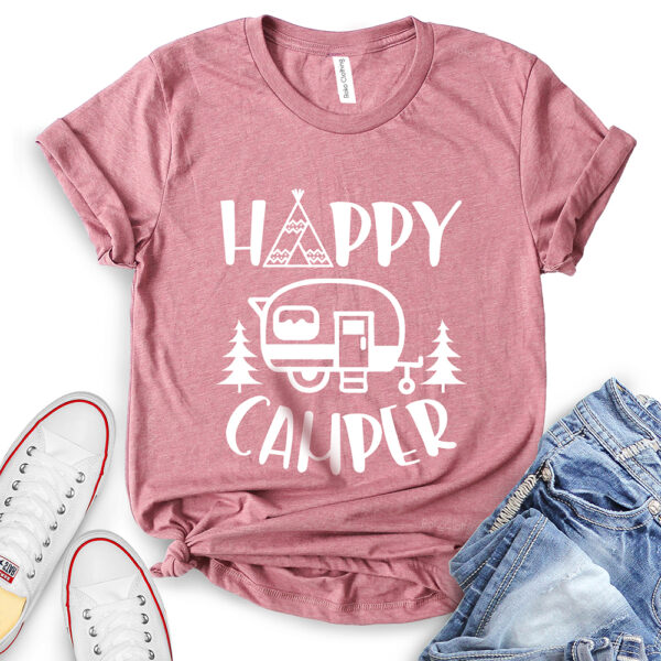 happy camper t shirt for women heather mauve
