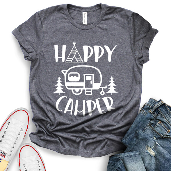 happy camper t shirt heather dark grey