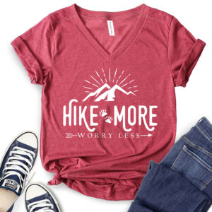 Hike More Worry Less T-Shirt V-Neck for Women heather cardinal