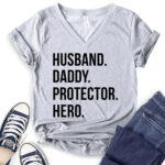 husband daddy protector hero t shirt v neck for women heather light grey