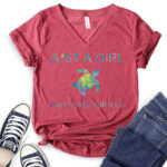 just a girl who loves turtle t shirt v neck for women heather cardinal