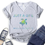 just a girl who loves turtle t shirt v neck for women heather light grey
