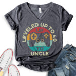 leveled up to uncle t shirt v neck for women heather dark grey